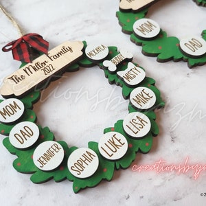 Personalized Family Christmas Ornaments, 2024 Wood Garland Wreath Ornament With Family Member Names, Custom Holiday Ornament