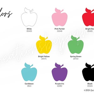 May include: A color chart featuring apple shapes in various colors, including white, pink, red, yellow, green, blue, purple, and black. Each apple has a corresponding color name and a numerical code. The word "Colors" is at the top.