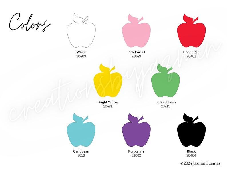 May include: A color chart featuring apple shapes in various colors, including white, pink, red, yellow, green, blue, purple, and black. Each apple has a corresponding color name and a numerical code. The word "Colors" is at the top.