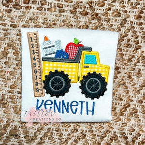 Back To School Shirt•Personalized School Shirt•School Supplies Dump Truck•First Day Of School•Apple Scissors Ruler Glue•Bubble•Romper