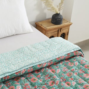 Turquoise/Pink Handmade Block printed Jaipuri Quilt Single Queen King Jaipuri Razai Super soft comforter image 1