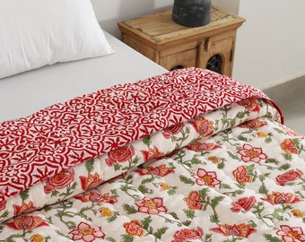 Red White Handmade Block printed Jaipuri Quilt Single Queen King Jaipuri Razai Super soft comforter