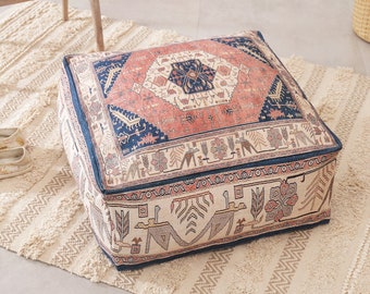 Boho Ottoman Pouf Cover: Vintage Persian Style Floor Cushion (Fillable)