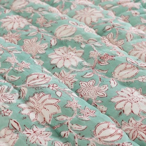 Green Red Handmade Block printed Jaipuri Quilt Single Queen King Jaipuri Razai Super soft comforter image 5