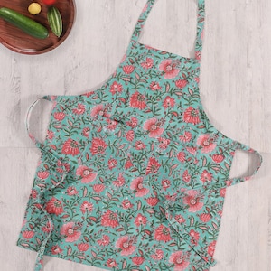 Light Green Cotton Apron, Block printed organic cotton, womens clothing, chef apron, Kitchen apron.