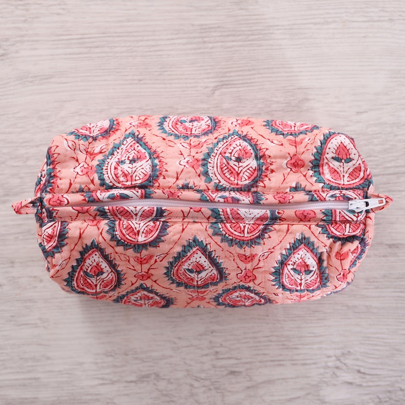 Handmade Quilted Cotton Makeup Bag Block Printed Toiletry Pouch Boho Wash Bag for Women Eco-Friendly Gilf Christmas Gifts image 5