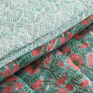Turquoise/Pink Handmade Block printed Jaipuri Quilt Single Queen King Jaipuri Razai Super soft comforter image 3