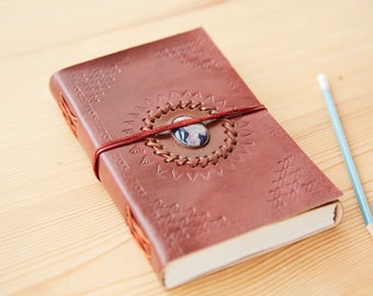 Fair Trade Large tall Embossed Sodalite Stone Leather Journal Notebook 13.5 x 21.5 cm Eco-friendly and Handmade