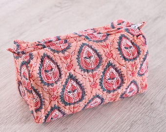 Handmade Quilted Cotton Makeup Bag Block Printed Toiletry Pouch Boho Wash Bag for Women Eco-Friendly Gilf  Christmas Gifts