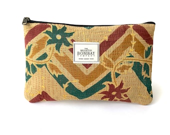sac de maquillage moyen Kantha vintage, sac cosmétique, sac d'embrayage, sac de soirée 15 cm x 25 cm