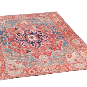 Red Blue Rug Carpet Machine Washable Mat Living Room Fade Distressed Vintage Classic Oriental Traditional Persian Moroccan Boho image 5