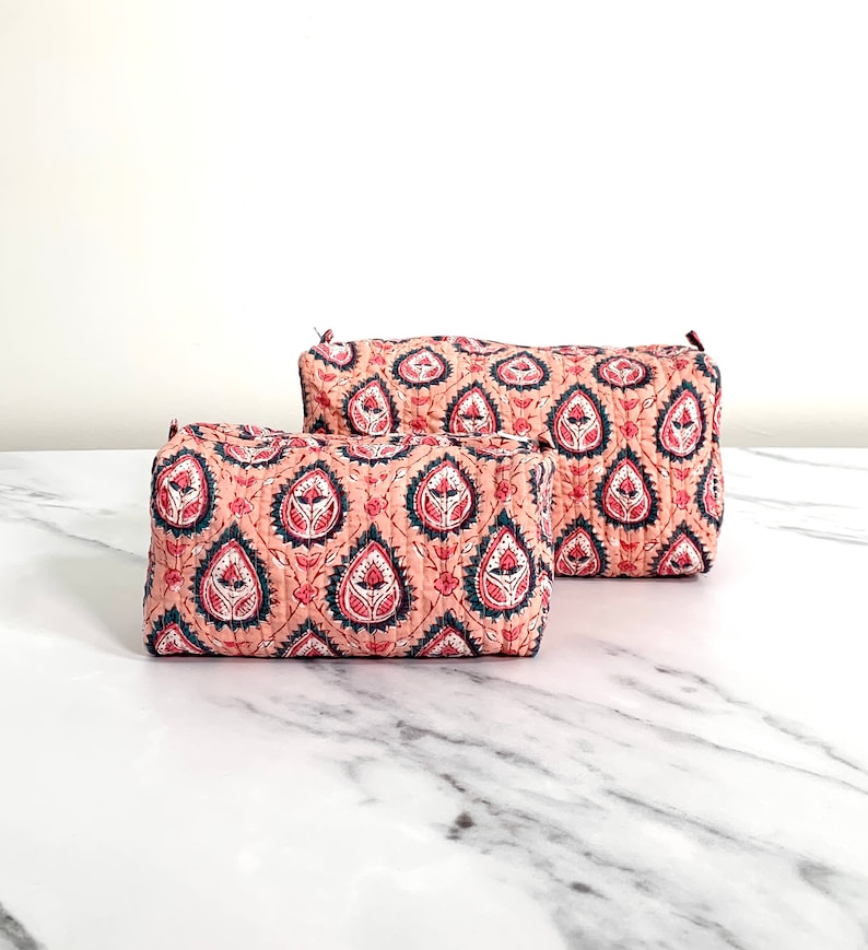 Handmade Quilted Cotton Makeup Bag Block Printed Toiletry Pouch Boho Wash Bag for Women Eco-Friendly Gilf Christmas Gifts image 4