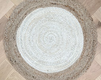 Handwoven Round Jute Rug Carpet  with White centre.  4 sizes available