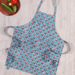 Light Blue Cotton Apron, Block printed organic cotton, womens clothing, chef apron, Kitchen apron.