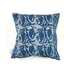 Vintage Indigo Block Printed Kantha Cushion Cover , Pillow Case, 45 cm x 45 cm, 18 x 18 inch