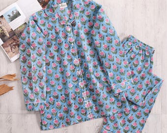 Handcrafted Blue Block Printed Pajamas - Cotton pjs - handcrafted sleepwear - comfortable loungewear - sustainable fashion- fairtrade