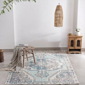White Blue Rug Carpet Machine Washable Mat Living Room Fade Distressed Vintage Classic Oriental Traditional Persian Moroccan Boho image 2