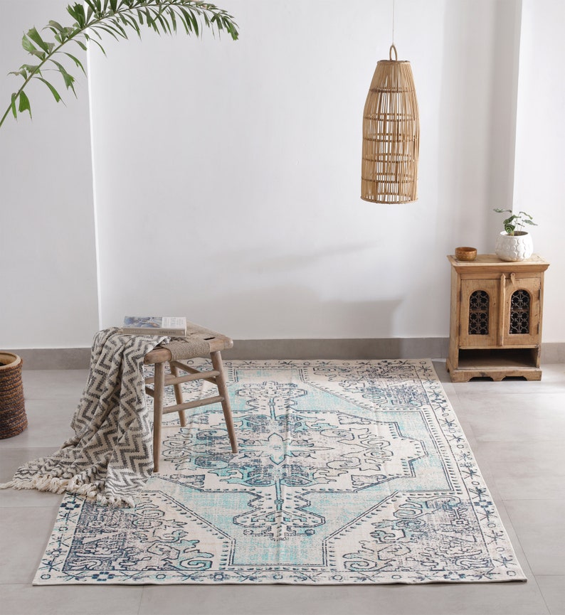 White Blue Rug Carpet Machine Washable Mat Living Room Fade Distressed Vintage Classic Oriental Traditional Persian Moroccan Boho image 2
