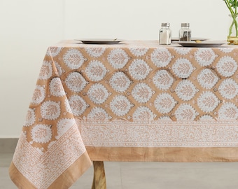 Beige White Indian Hand Block Printed 100% Cotton Tablecloth Cover Linen Set Wedding Tablecloth, Party Decor