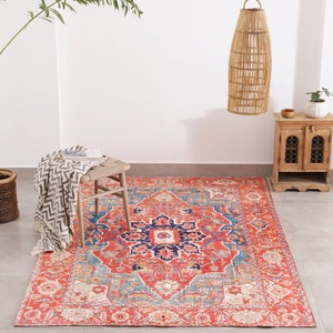 Red Blue Rug Carpet Machine Washable Mat Living Room Fade Distressed Vintage Classic Oriental Traditional Persian Moroccan Boho image 2