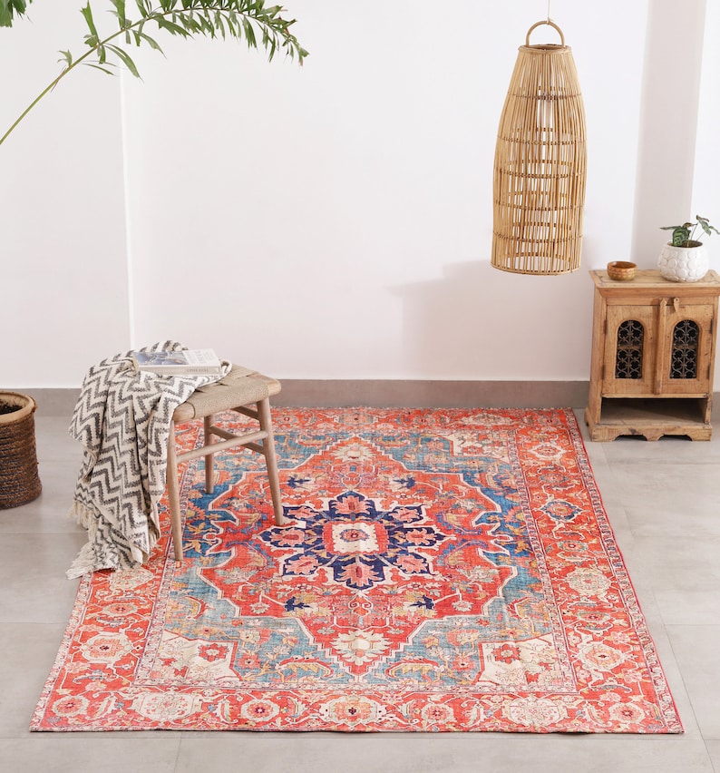 Red Blue Rug Carpet Machine Washable Mat Living Room Fade Distressed Vintage Classic Oriental Traditional Persian Moroccan Boho image 2