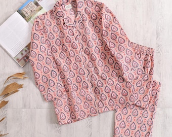 Handcrafted Pink Block Printed Pajamas - Cotton pjs - handcrafted sleepwear - comfortable loungewear - sustainable fashion- fairtrade