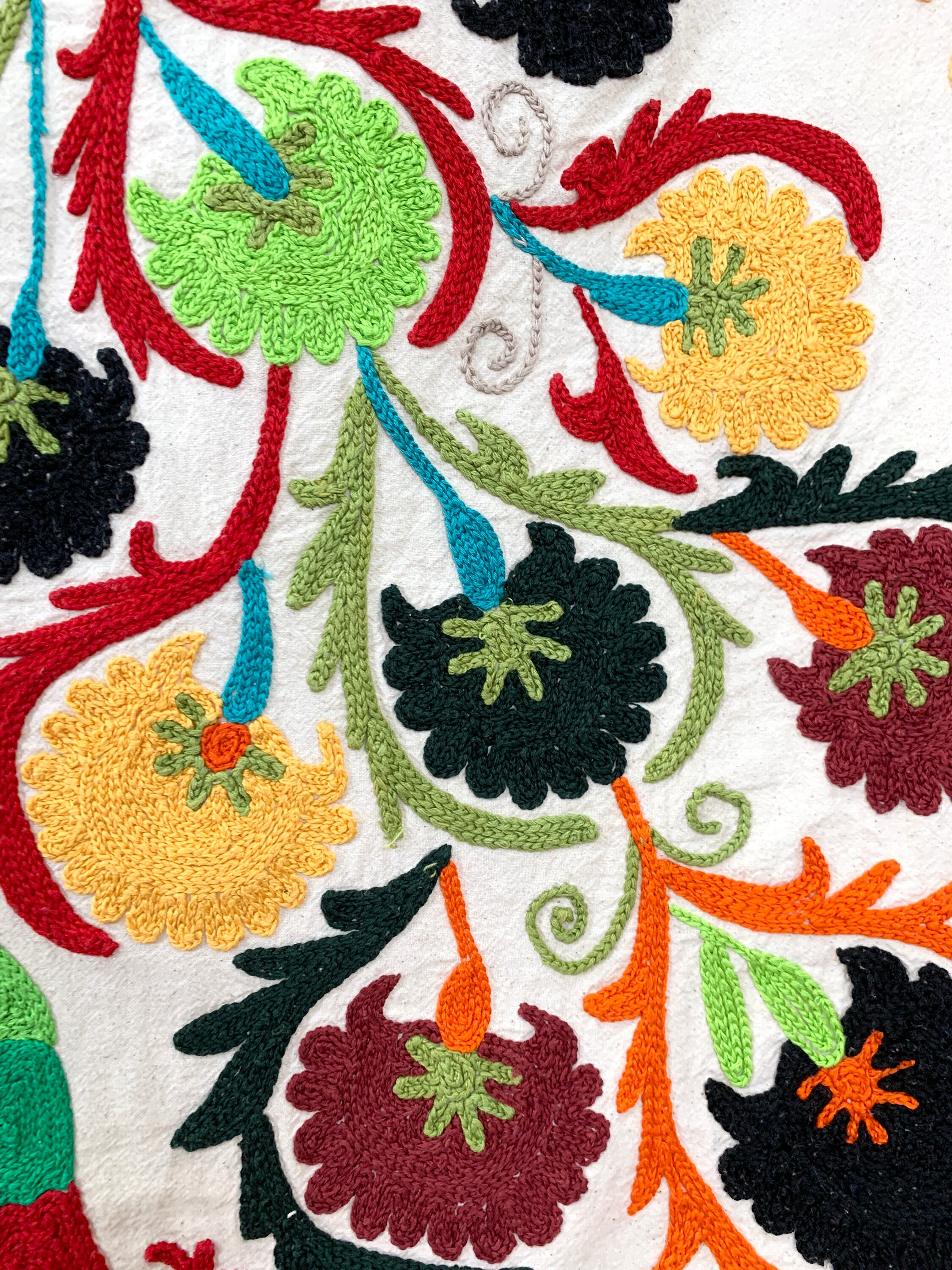 手刺繍のスザニ壁掛け：ウズベキスタンの花柄タペストリー
