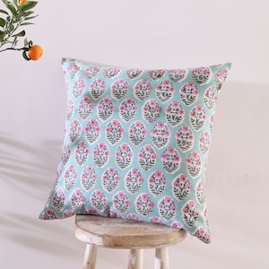Handmade Block Printed Cotton Cushion Cover: Turquoise Blue Floral (18x18”)