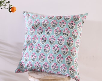 Handmade Block Printed Cotton Cushion Cover: Turquoise Blue Floral (18x18”)