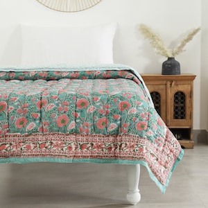 Turquoise/Pink Handmade Block printed Jaipuri Quilt Single Queen King Jaipuri Razai Super soft comforter image 2