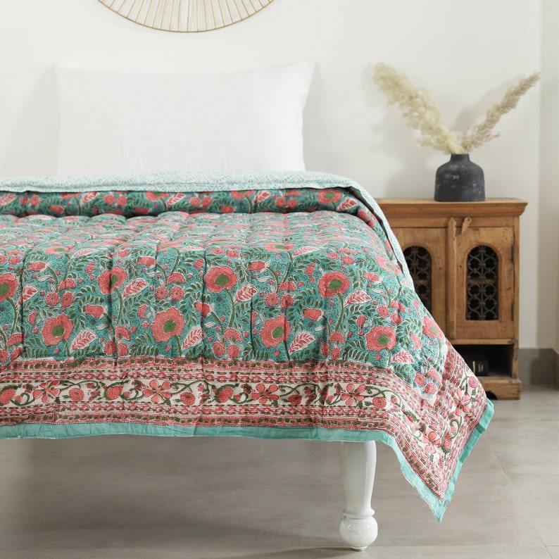 Turquoise/Pink Handmade Block printed Jaipuri Quilt Single Queen King Jaipuri Razai Super soft comforter image 2