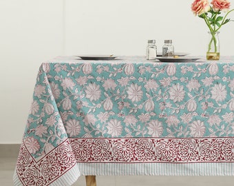 Blue Red Floral Indian Hand Block Printed 100% Cotton Tablecloth Cover Linen Set Wedding Tablecloth, Party Decor
