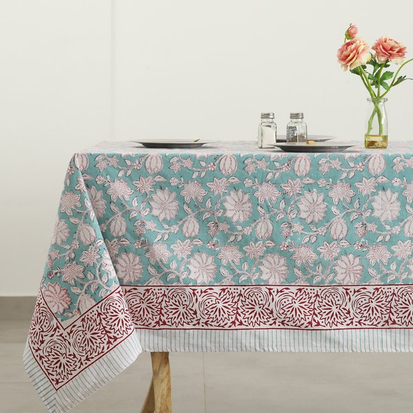 Blue Red Floral Indian Hand Block Printed 100% Cotton Tablecloth Cover Linen Set Wedding Tablecloth, Party Decor