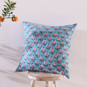Handmade Block Printed Cotton Cushion Cover: Blue Pink Floral Throw Pillow (18x18”)