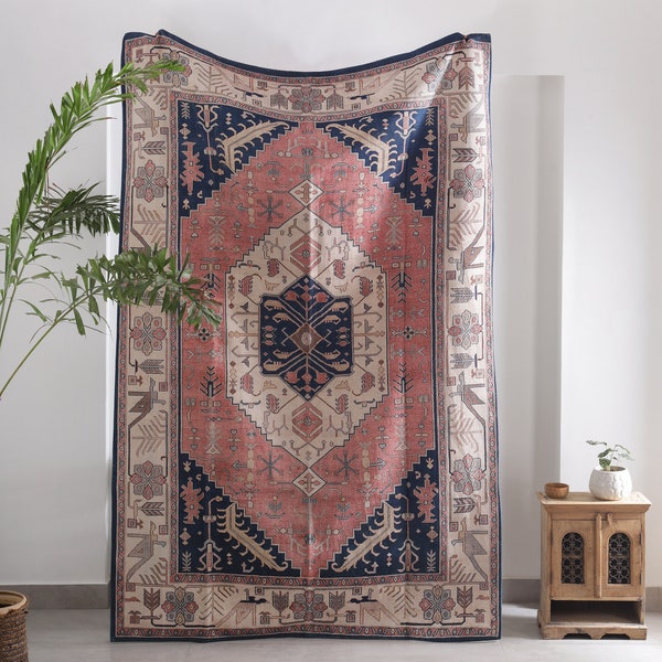 Blue Red Rug Carpet Machine Washable Mat Living Room Fade Distressed Vintage Classic Oriental Traditional Persian Moroccan Boho