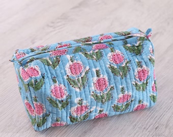 Handmade Quilted Cotton Makeup Bag Block Printed Toiletry Pouch Boho Wash Bag for Women Eco-Friendly Gilf  Christmas Gifts