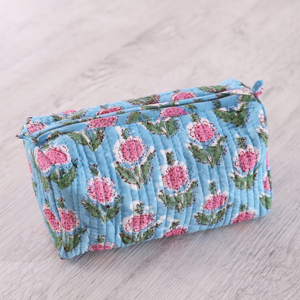 Handmade Quilted Cotton Makeup Bag Block Printed Toiletry Pouch Boho Wash Bag for Women Eco-Friendly Gilf  Christmas Gifts