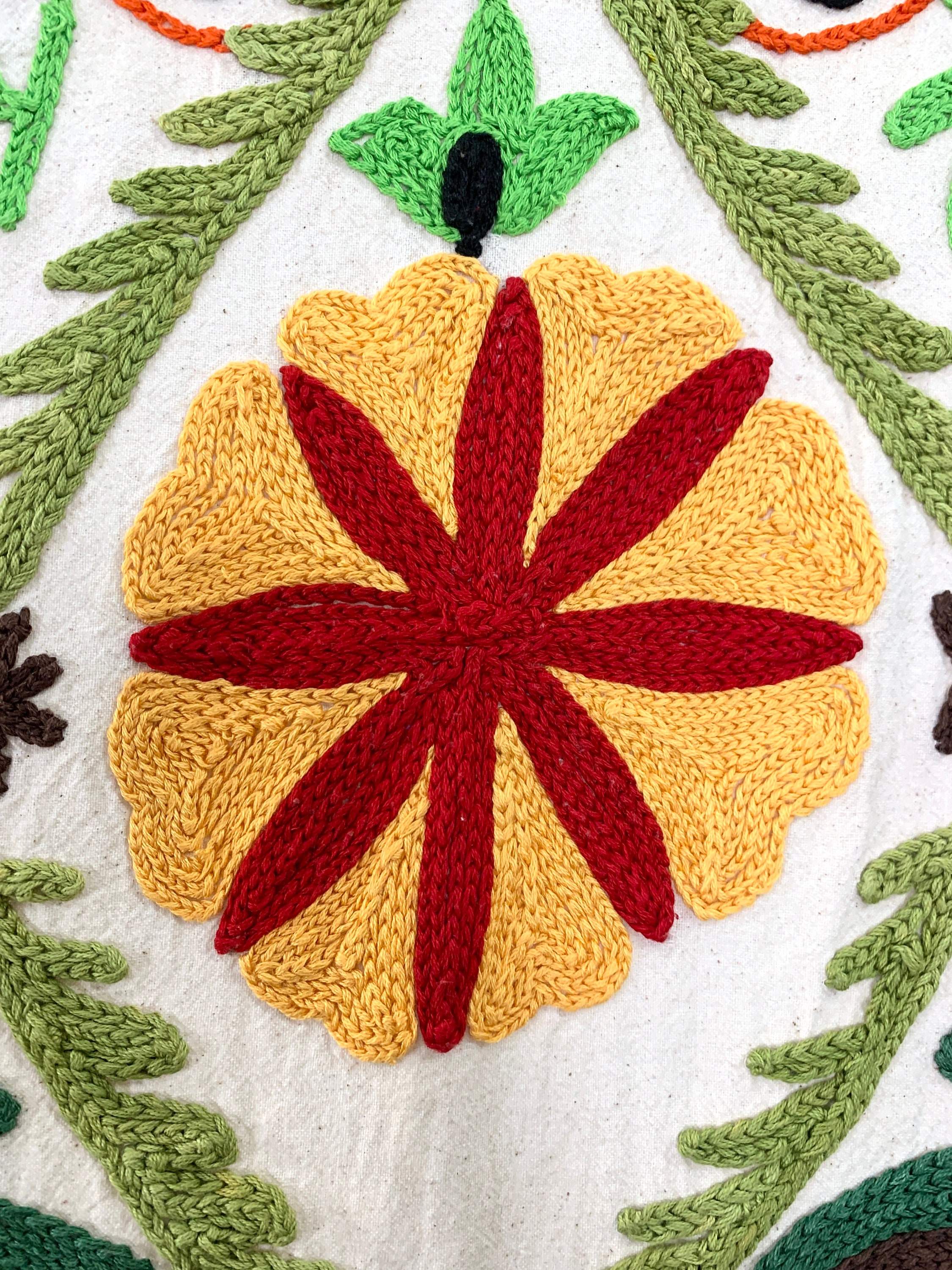 ウズベキスタン スザニ 刺繍 ビンテージ 布 壁掛け タペストリー ソ連 手刺繍のスザニ壁掛け：ウズベキスタンの花柄タペストリー