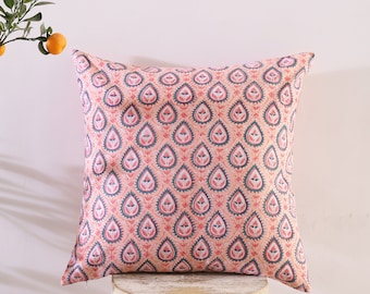 Handmade Block Printed Cotton Cushion Cover: Pink & Blue Throw Pillow (18x18”)