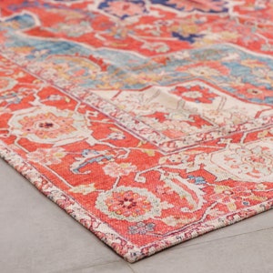 Red Blue Rug Carpet Machine Washable Mat Living Room Fade Distressed Vintage Classic Oriental Traditional Persian Moroccan Boho image 3