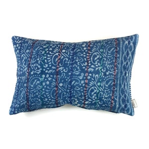 Vintage Indigo Block Printed Kantha Cushion Cover , Pillow Case, 40 cm x 60 cm, 15.7 x 23.6 inch