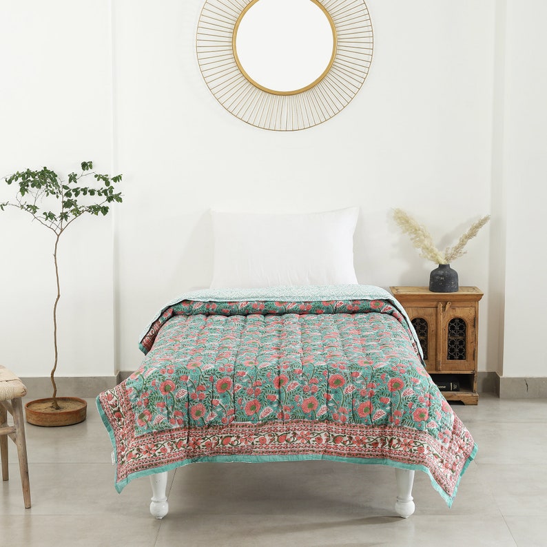 Turquoise/Pink Handmade Block printed Jaipuri Quilt Single Queen King Jaipuri Razai Super soft comforter image 4