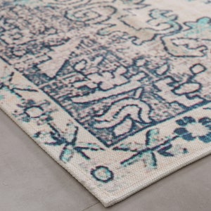 White Blue Rug Carpet Machine Washable Mat Living Room Fade Distressed Vintage Classic Oriental Traditional Persian Moroccan Boho image 4