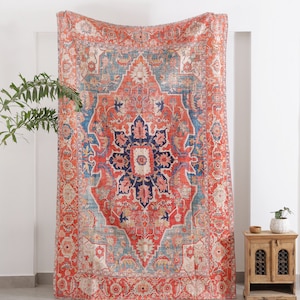 Red Blue Rug Carpet Machine Washable Mat Living Room Fade Distressed Vintage Classic Oriental Traditional Persian Moroccan Boho image 1