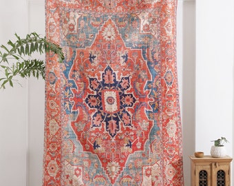 Red Blue Rug Carpet Machine Washable Mat Living Room Fade Distressed Vintage Classic Oriental Traditional Persian Moroccan Boho