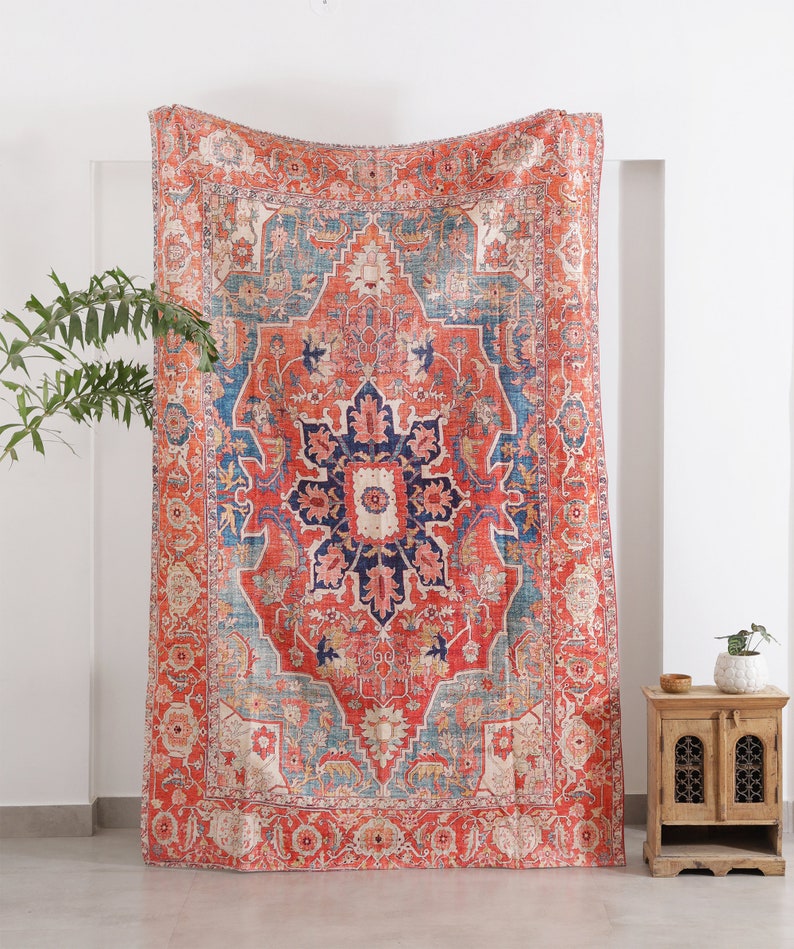 Red Blue Rug Carpet Machine Washable Mat Living Room Fade Distressed Vintage Classic Oriental Traditional Persian Moroccan Boho image 1