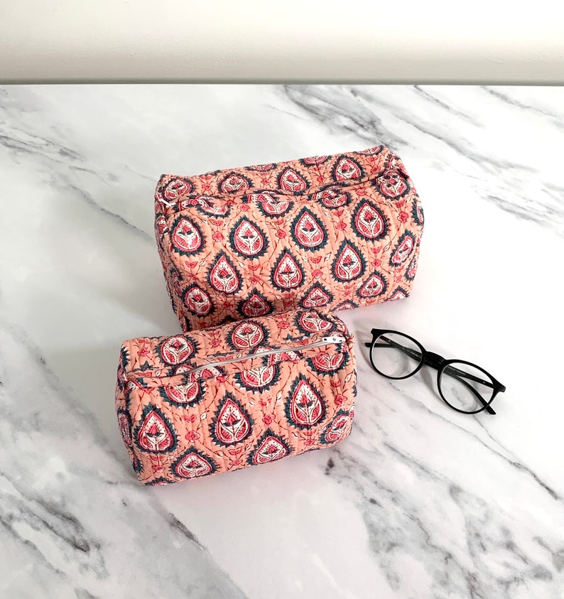 Handmade Quilted Cotton Makeup Bag Block Printed Toiletry Pouch Boho Wash Bag for Women Eco-Friendly Gilf Christmas Gifts image 6