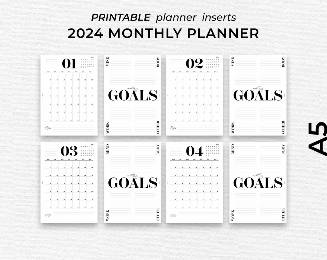 PRINTABLE 2024 Monthly Calendar Planner Inserts Set 3 Etsy