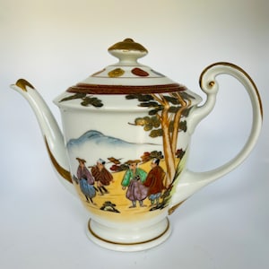 Japanese Porcelain Tea Pot-Kutani Ware Hand Painted Traditional People And Landscapes
