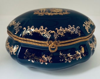 Limoges France Porcelain Fontanille & Marraud Cobalt Blue Hinged Large Trinket/ Jewelery Box Courting Scene